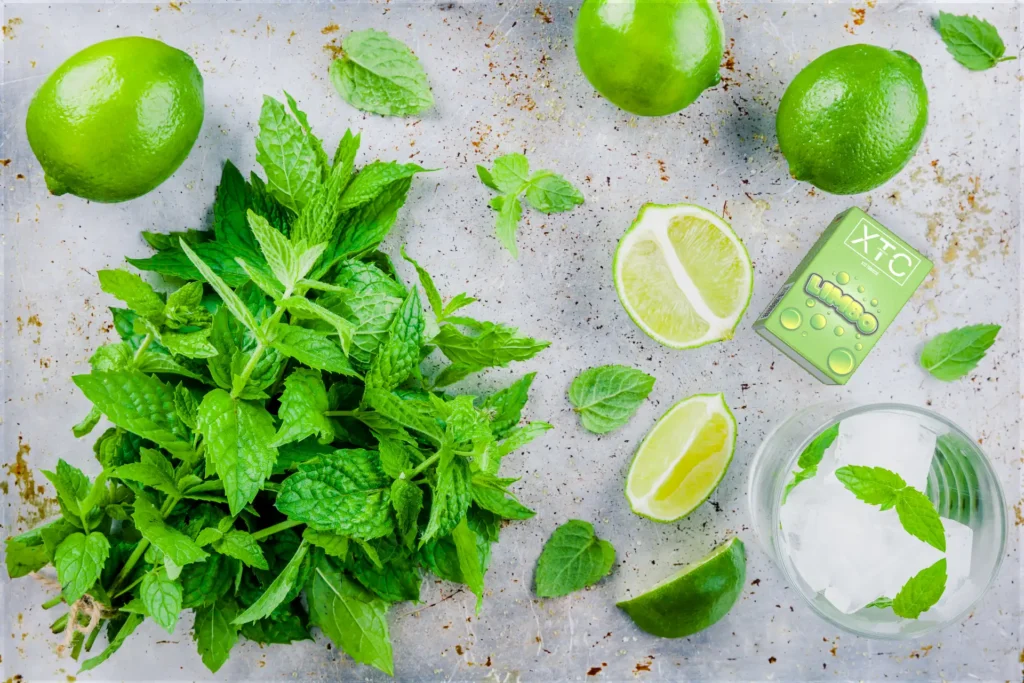 limbo hookah tobacco flavor by XTC tobacco next to its ingredients: lime, lemon and mint