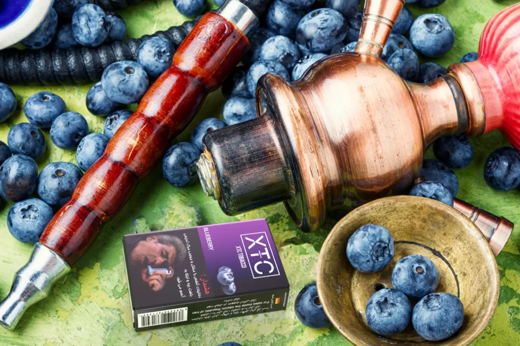 blueberry hookah tobacco flavor by xtc tobacco brand. next to blueberries and hookah bowl